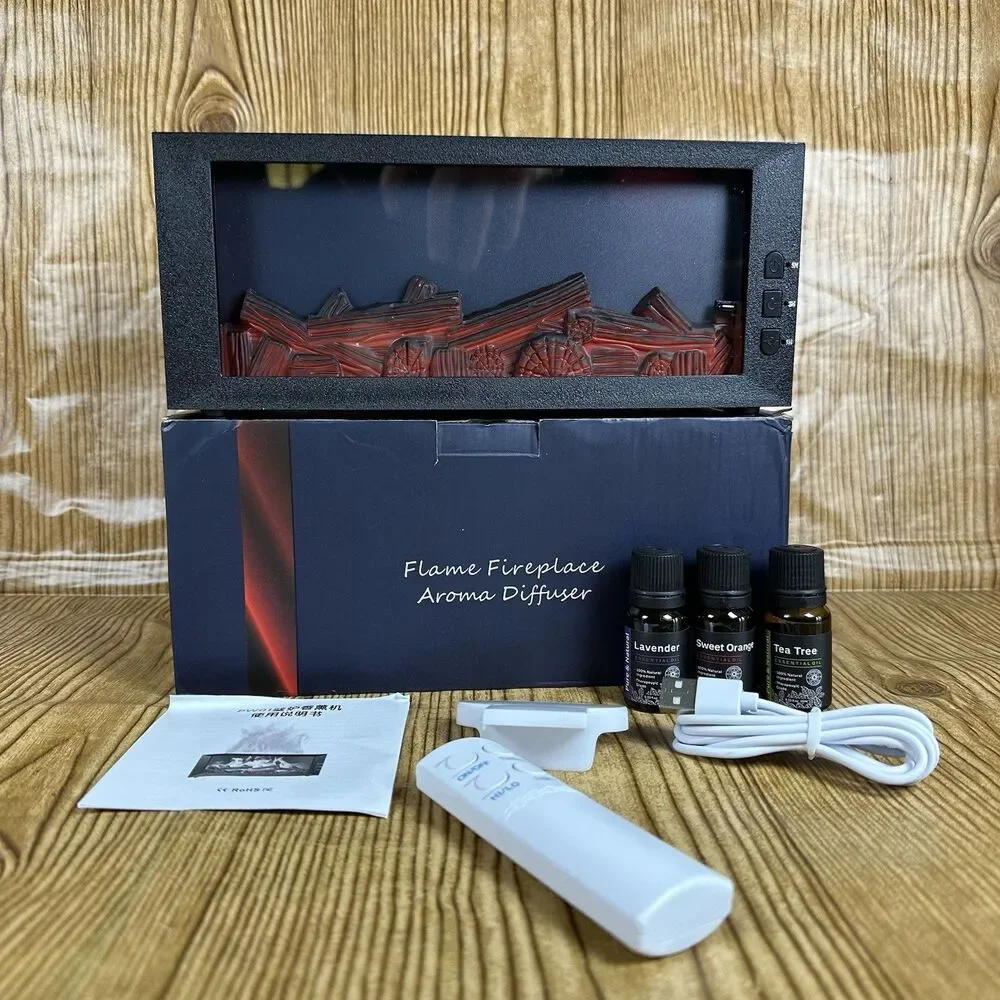 Flame Fireplace Aroma Diffuser LED Humidifier w/ Remote +‎ 3 Essential Oils USB